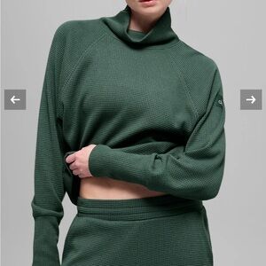 ALO Yoga Teal Waffle Cowl-Neck Pullover